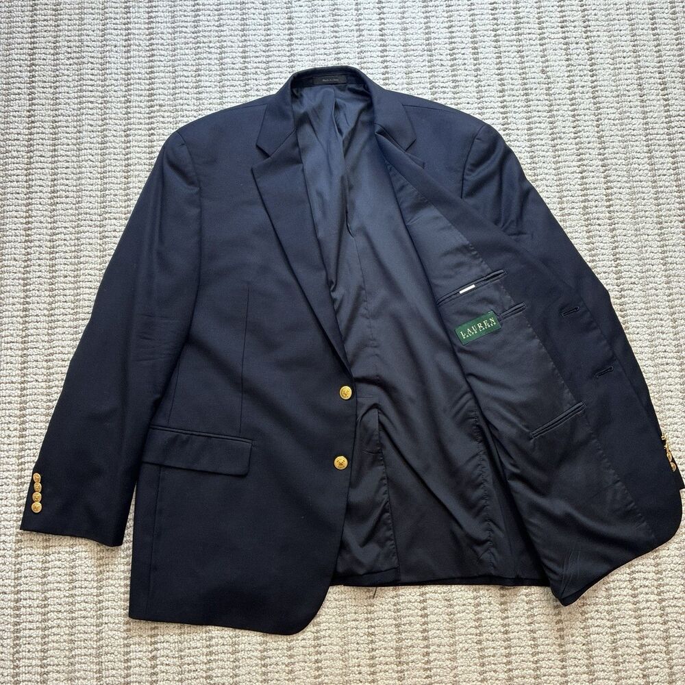 Lauren Ralph Lauren Men 46R Navy Blue 100% Wool Gold Button Blazer Jacket Coat